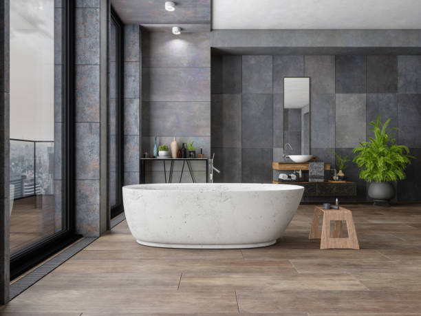 Bathroom tile dark flooring with bath tub | Flemington Department Store